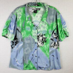 Jamie Sadock Top Shirt Golf Button-up Blouse Abstract Print Ruched Sleeves sz XL